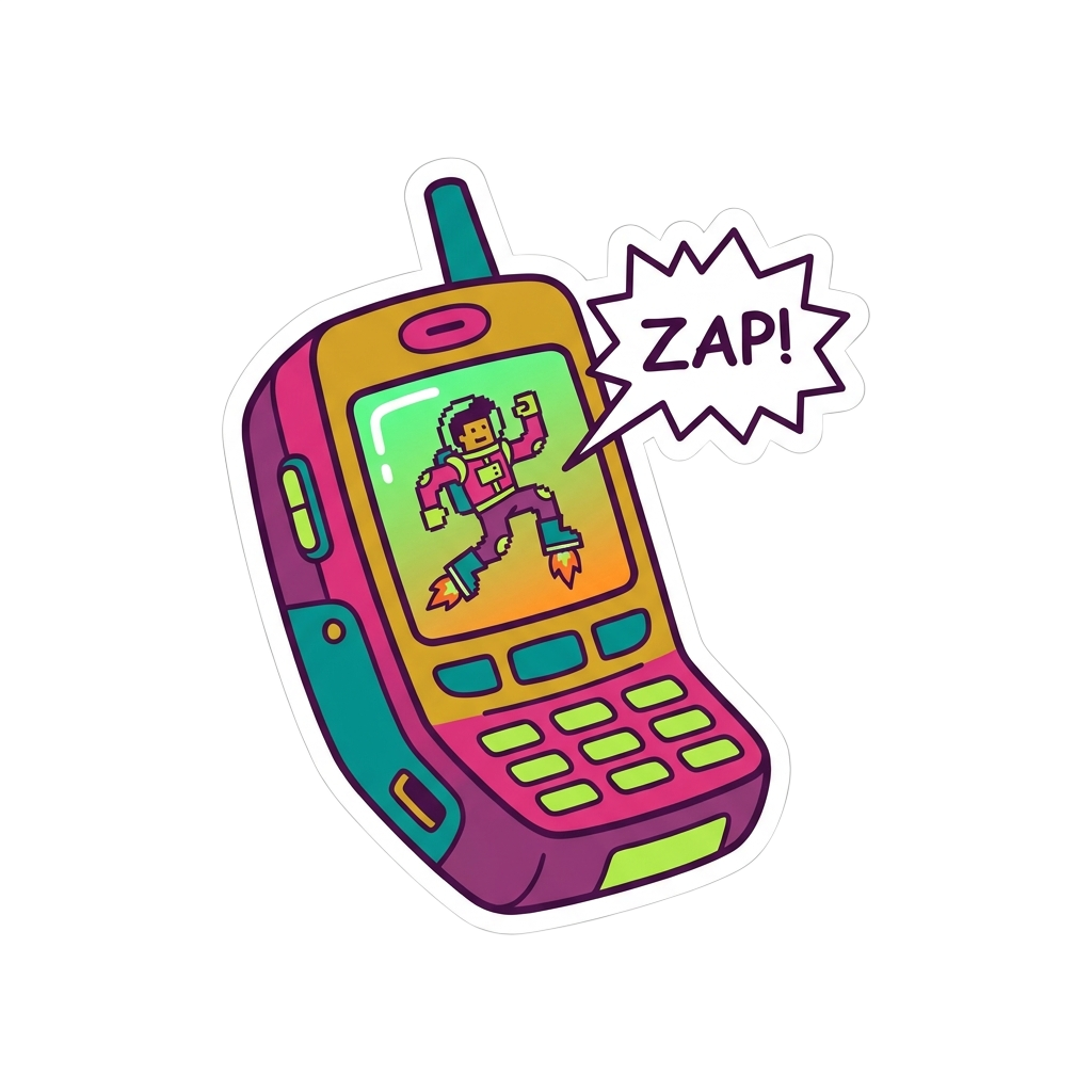 Custom sticker: Quirky vector sticker design featuring a retro cell phone screen with a speech bubble, cartoon style,...