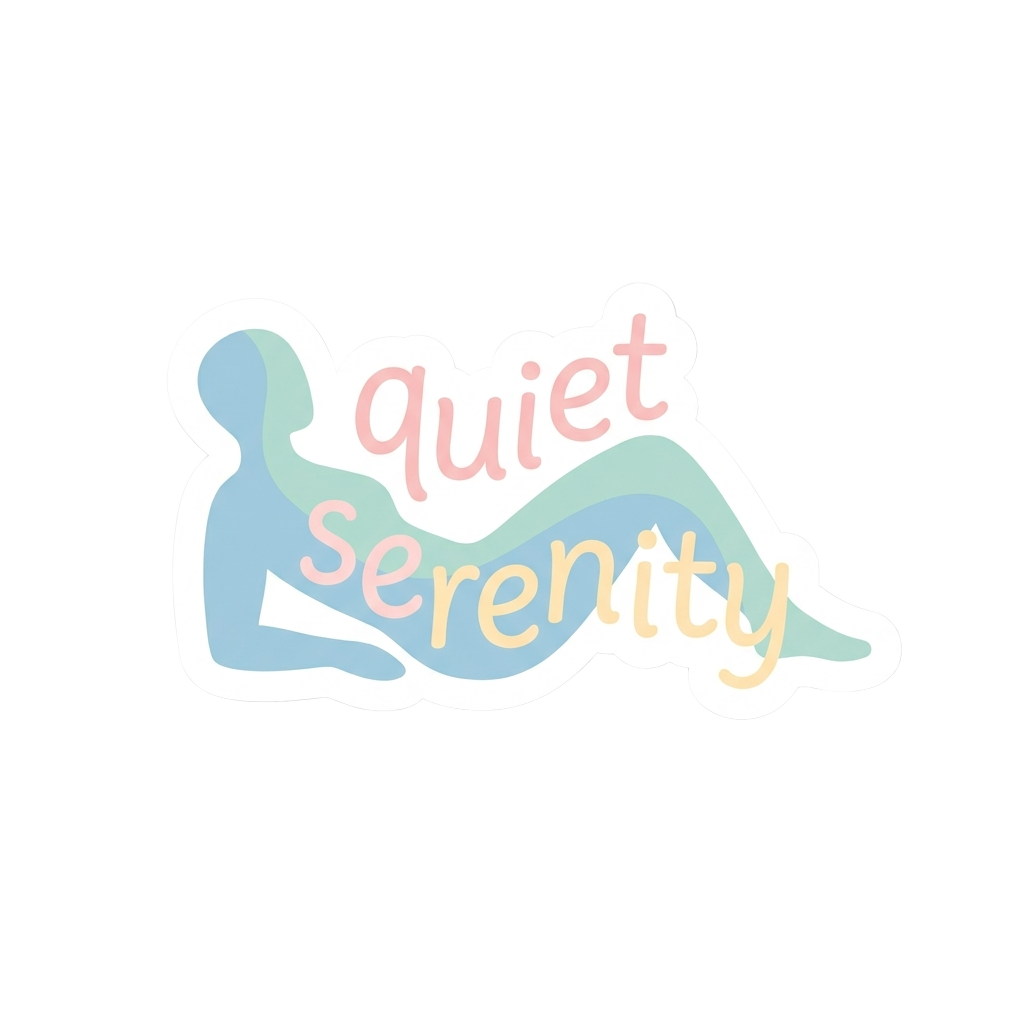 Custom sticker: Minimalistic vector sticker featuring a lying silhouette with calming gentle text, in soothing pastel...
