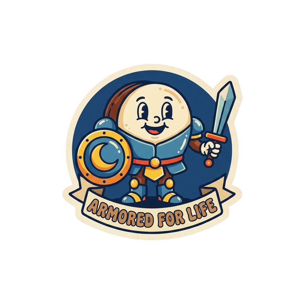 Custom sticker: Cartoonish sticker of a Moon Pie with a shield and sword, captioned 'Armored for life', in vibrant co...