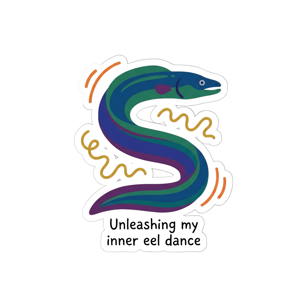 Custom sticker: Minimalist style sticker of a dancing eel with squiggly lines, captioned 'Unleashing my inner eel dan...