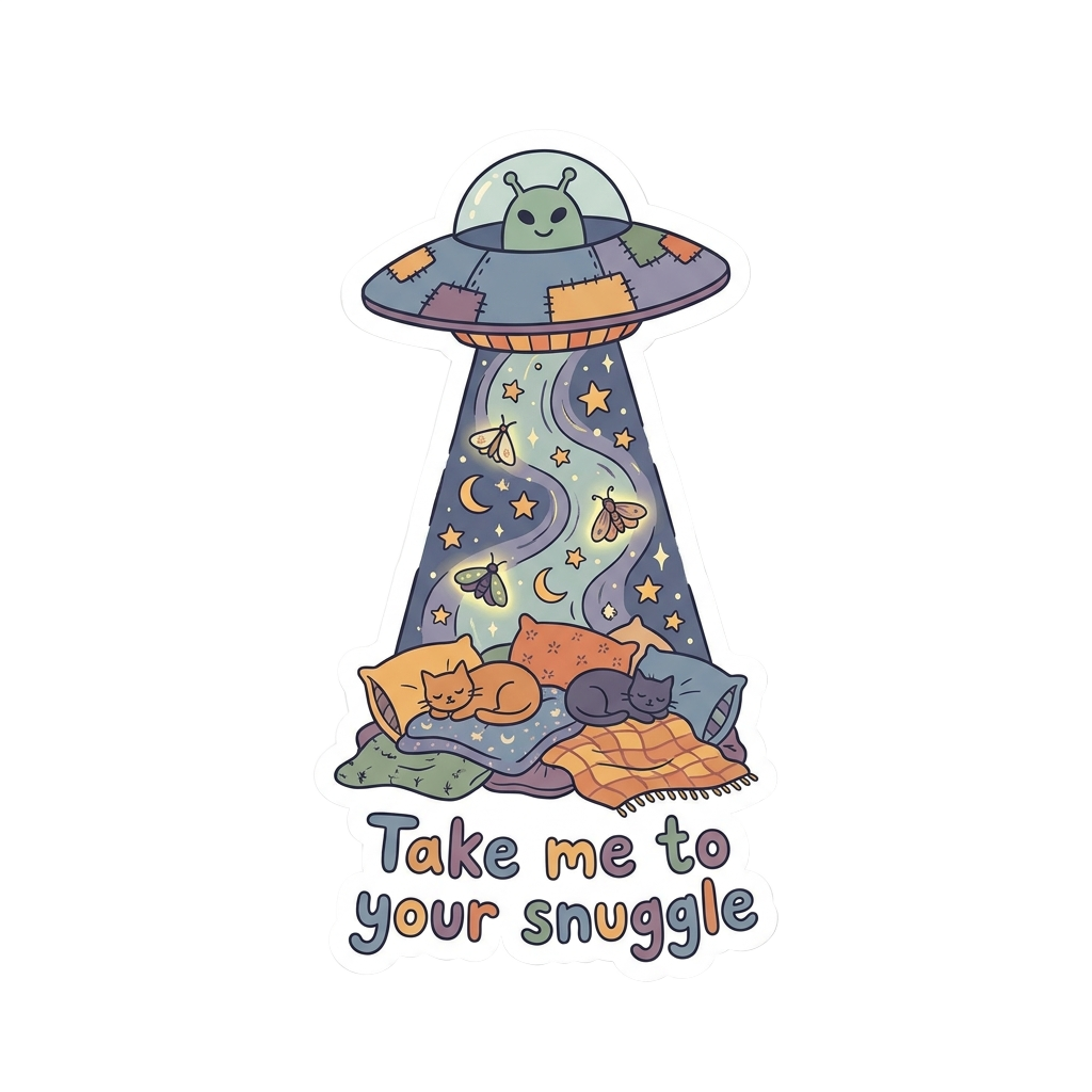 Custom sticker: Whimsical sticker of a UFO beaming down a cozy blanket, captioned 'Take me to your snuggle', in a sof...