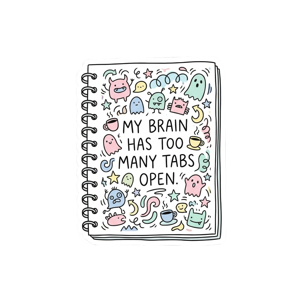 Custom sticker: Minimalist die-cut vinyl sticker featuring a hand-drawn sketch pad with cute chaotic designs and a hu...