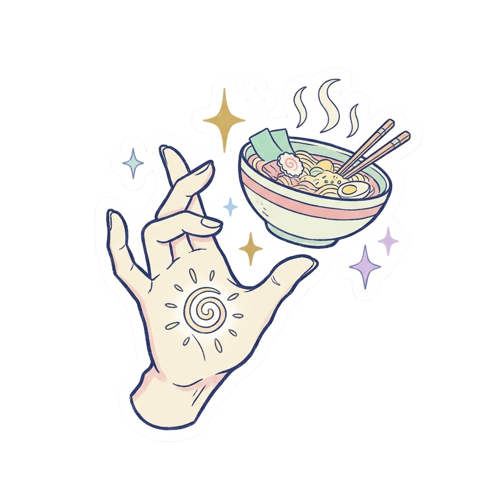 Custom sticker: Indie-style line drawing sticker of a hand casting an anime gesture to summon a bowl of ramen, comple...
