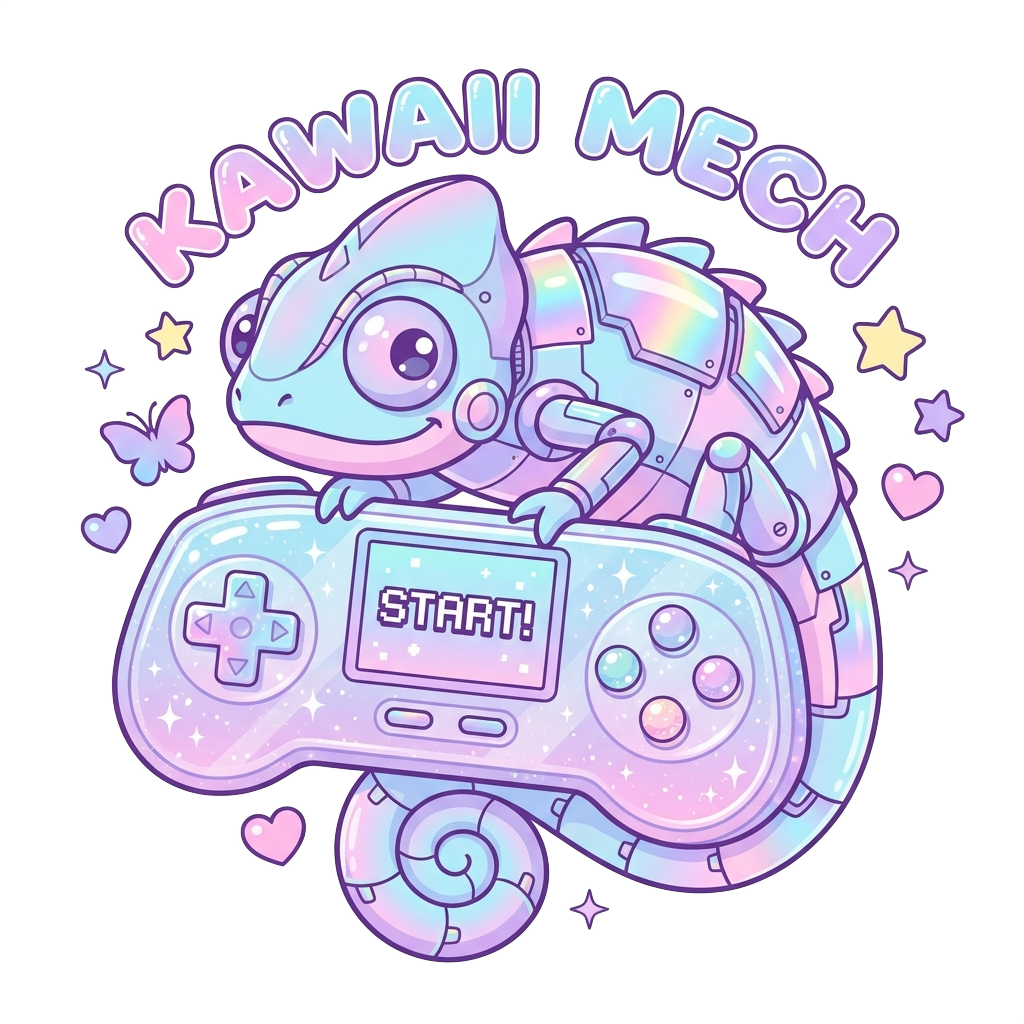 Custom sticker: Create a kawaii vector sticker of a mech-style chameleon peeking around a gaming controller, with pas...