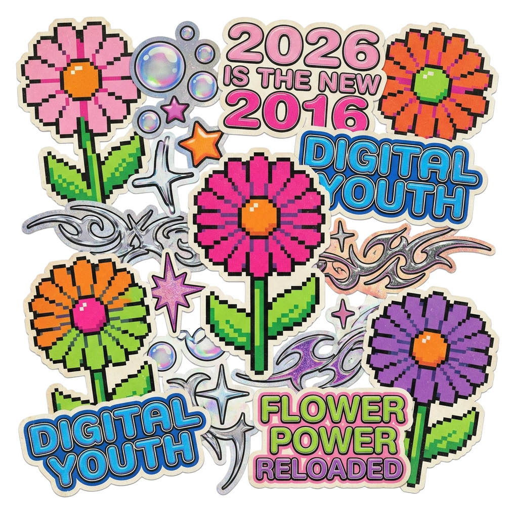 Custom sticker: Create a vintage-inspired sticker mashup featuring pixel art daisies and Y2K fonts, captioned '2026 i...