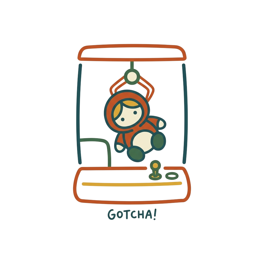 Custom sticker: Cute line-art sticker of a plush hooded doll in a claw machine, with a minimalist design and a small ...