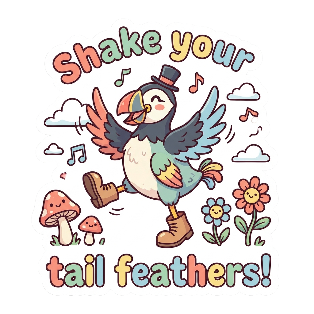 Custom sticker: Kawaii vector sticker of a quirky bird mid-dance with a whimsical background, featuring a playful cap...