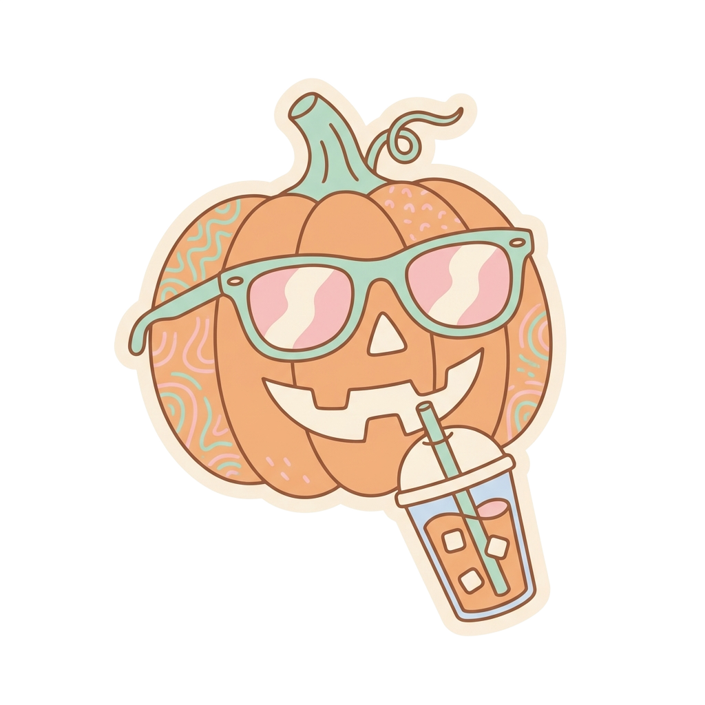 Custom sticker: A minimalist jack-o’-lantern with retro sunglasses and iced coffee, in soft pastel colors with playfu...