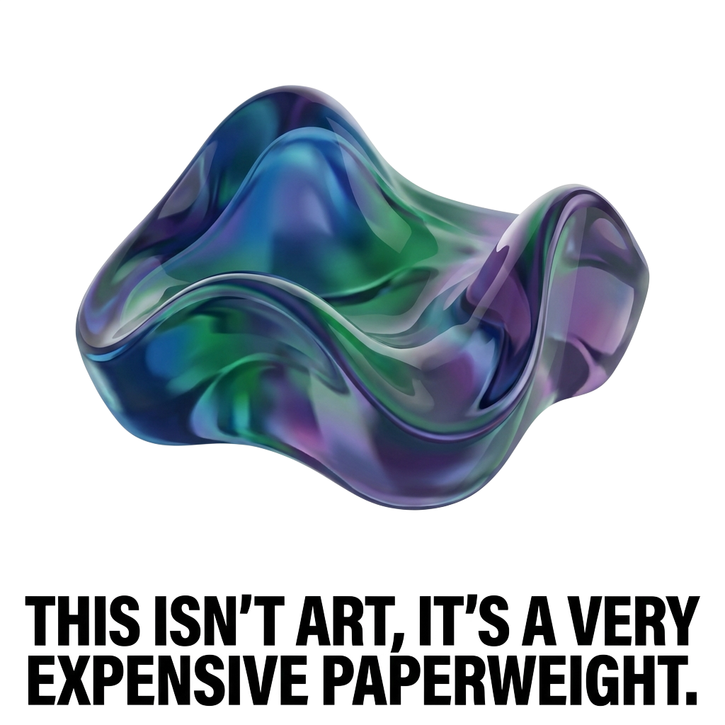 Custom sticker: A soft, wavy glass-like shape with a delicate sheen and a humorous caption in bold text, exhibiting a...