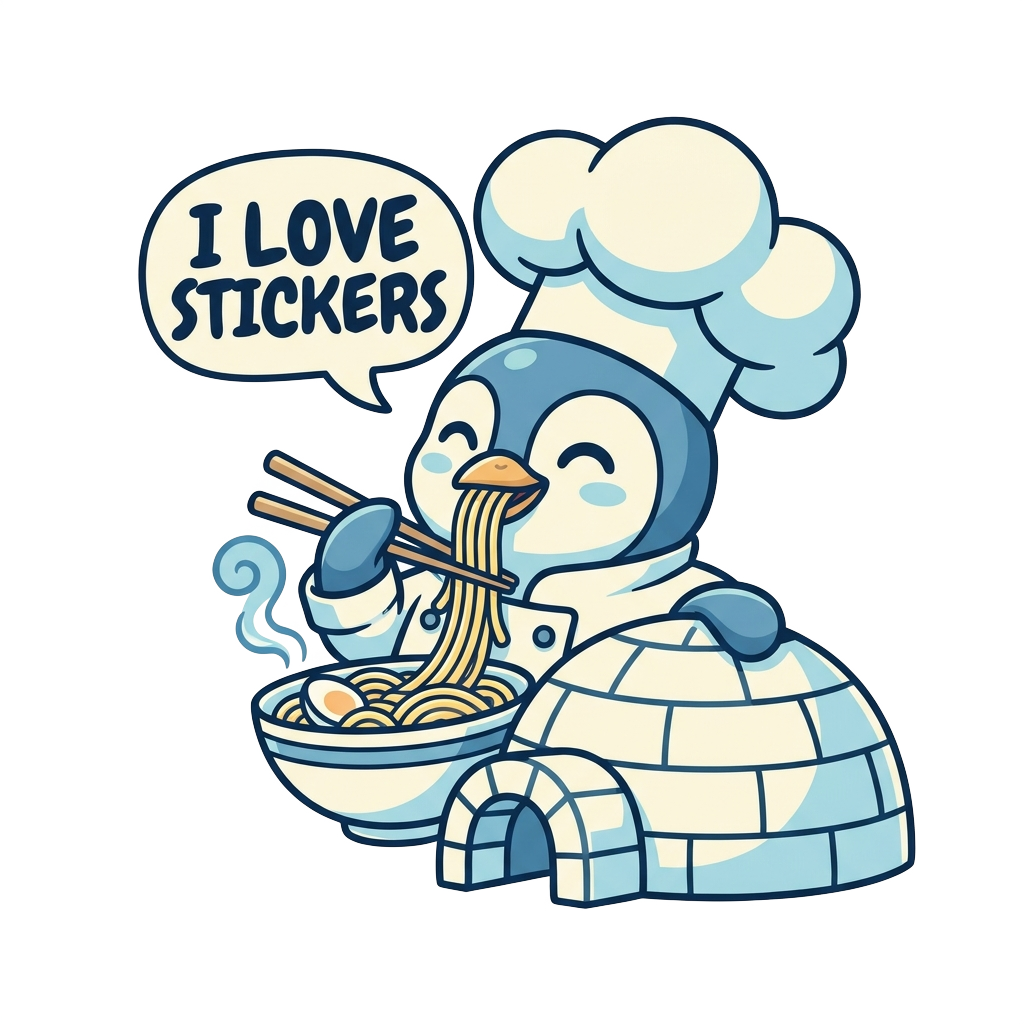 Custom sticker: A cheerful penguin chef in an oversized white hat happily eating hot ramen with chopsticks in front o...