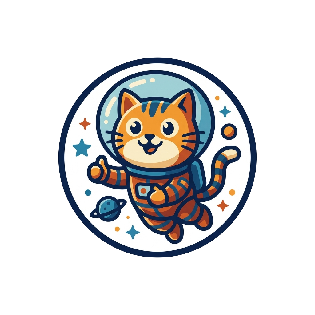 Custom sticker: A cute cartoon cat astronaut floating happily inside a round glass helmet, giving a tiny thumbs-up, b...