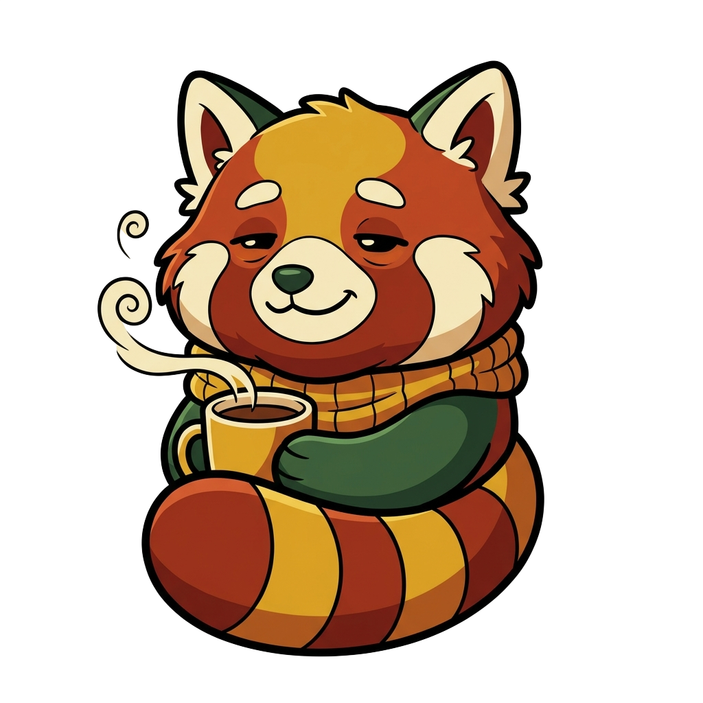 Custom sticker: A sleepy red panda hugging a coffee mug, with chubby cheeks and a cozy half-lidded smile, bold clean ...