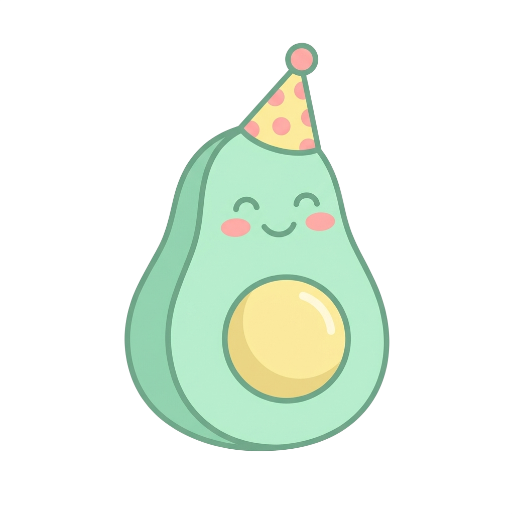Custom sticker: A smiling avocado in a tiny party hat, bold flat cartoon, in a soft pastel palette of mint green, but...