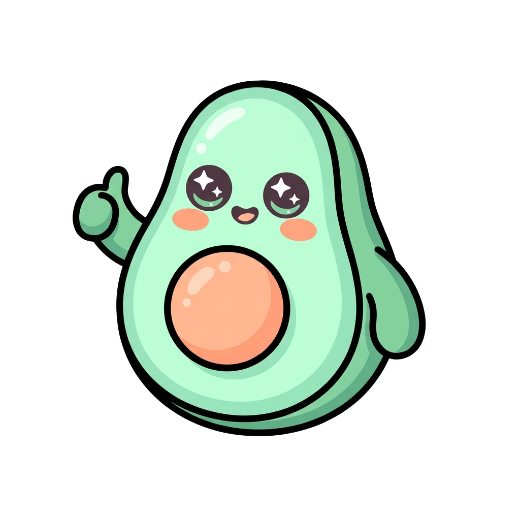 Custom sticker: A kawaii chibi avocado with big sparkly eyes and rosy cheeks giving a thumbs-up, thick rounded outlin...