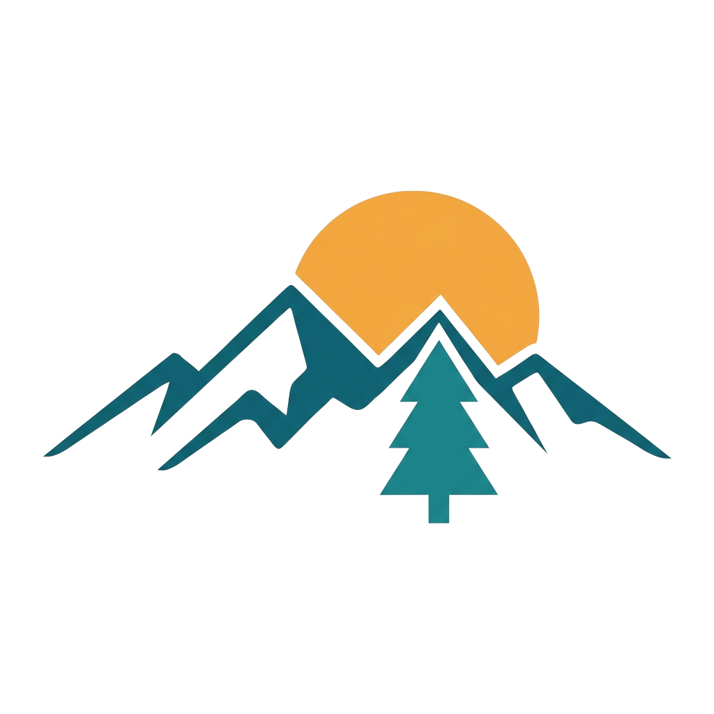 Custom sticker: A flat-vector mountain range with a rising sun and one pine tree, bold clean lines and a simple two-c...