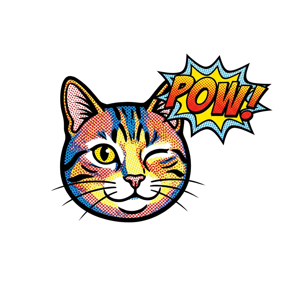 Custom sticker: A winking cat face in comic-book style, halftone shading and bold black outlines, in bright primary r...