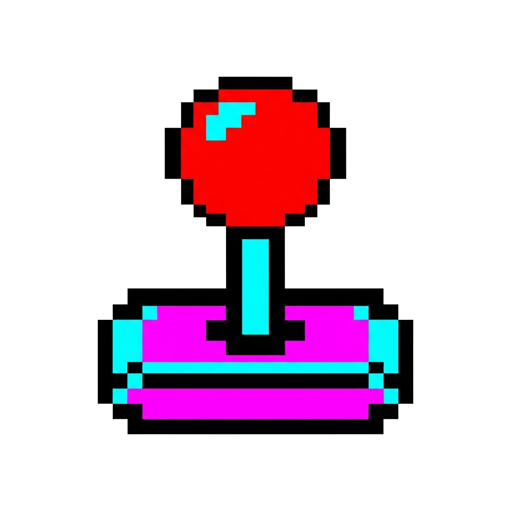 Custom sticker: An 8-bit pixel-art arcade joystick with a red ball top, blocky crisp edges, in a limited retro palett...
