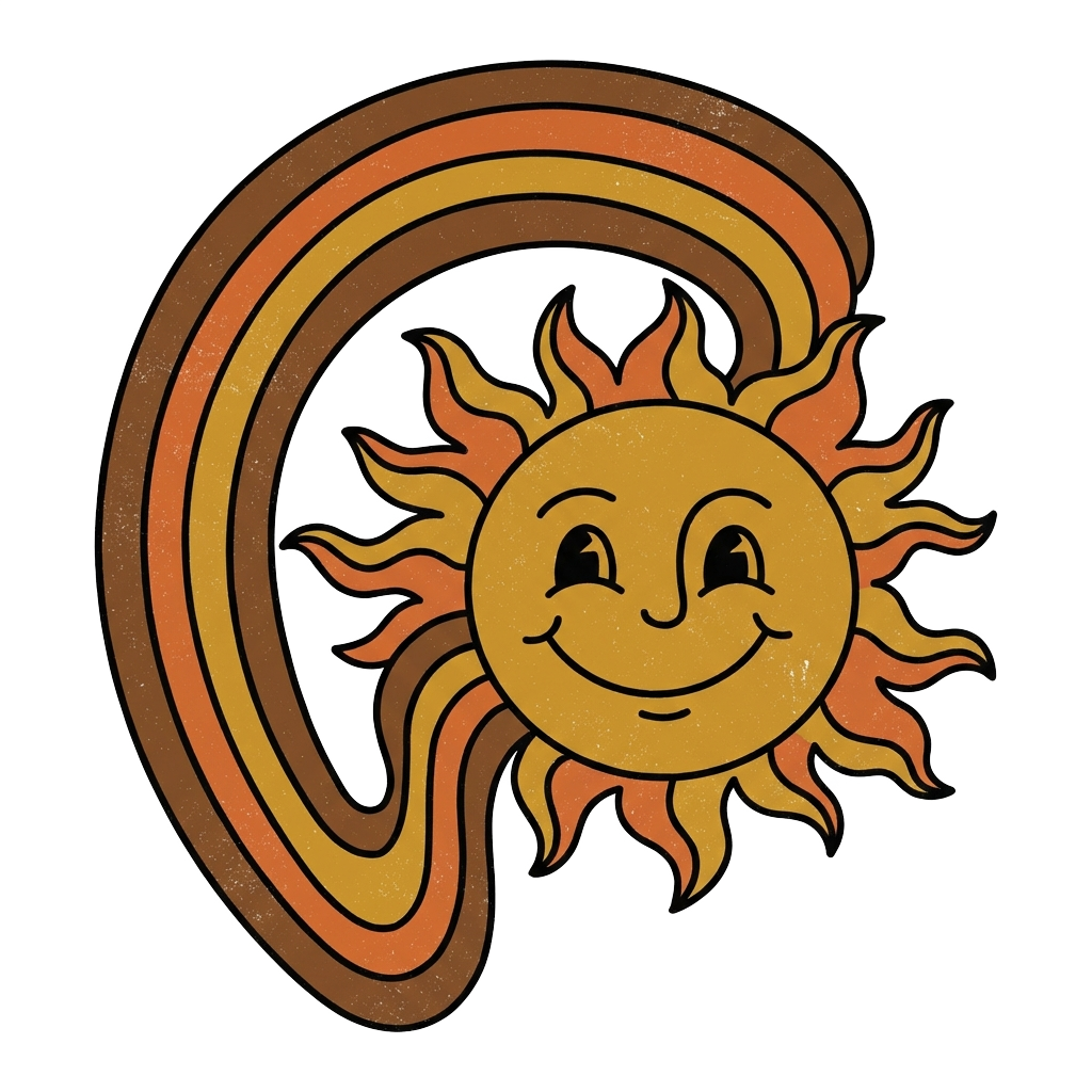 Custom sticker: A retro 70s smiling sun with a groovy rainbow arc, bold outlines, in a muted palette of orange, musta...