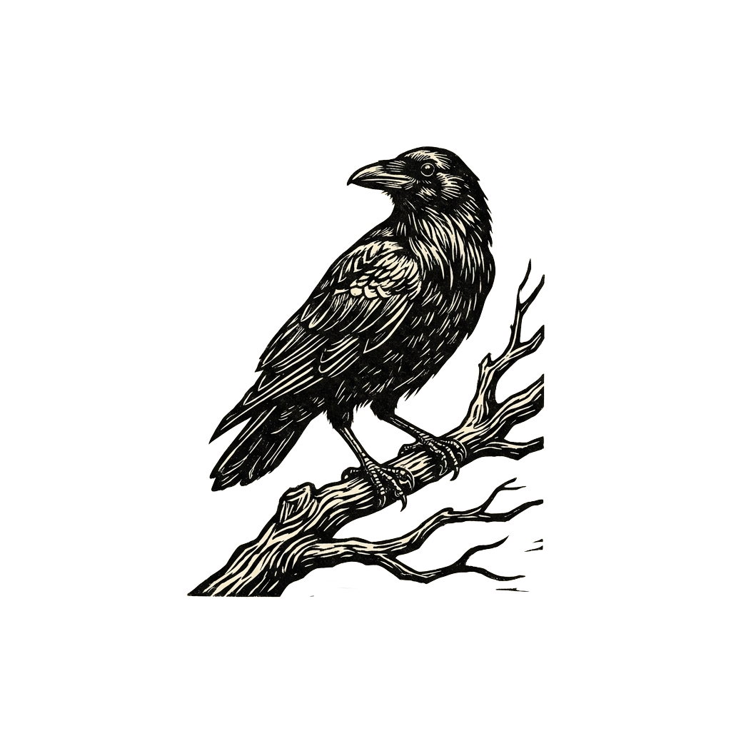 Custom sticker: A crow on a branch in linocut style, bold carved black lines and high contrast, a single ink color on...