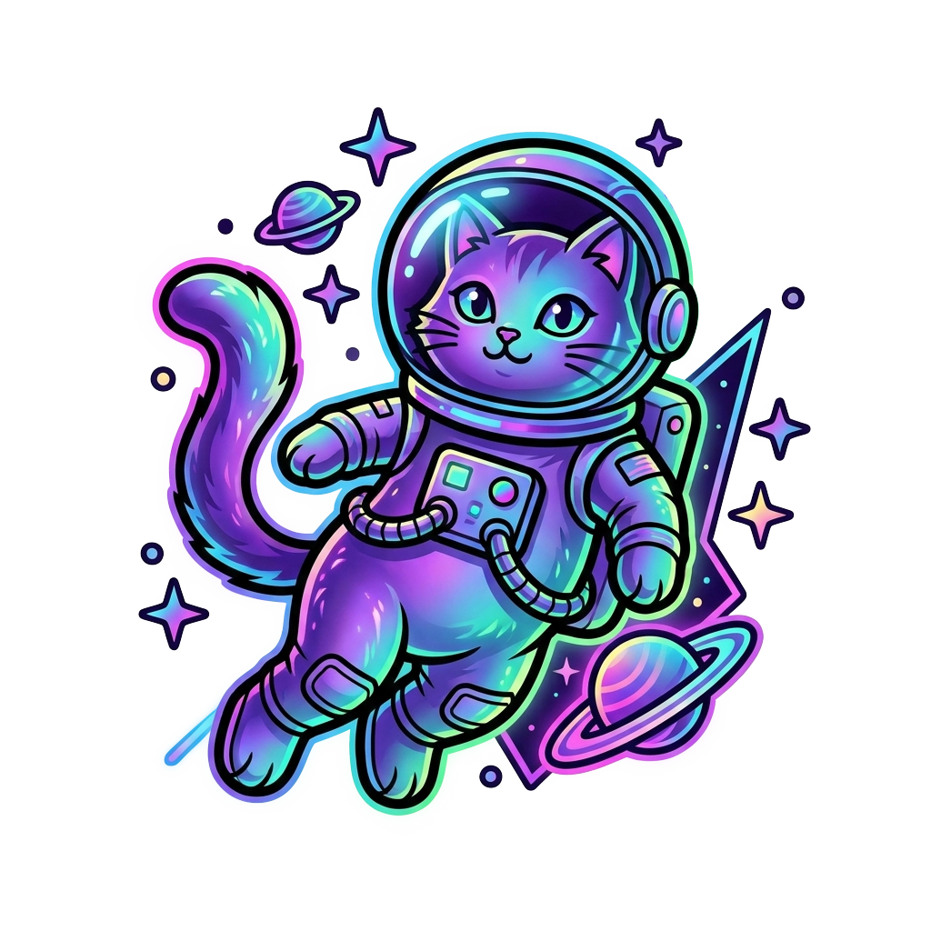 Custom sticker: A space cat with iridescent rainbow-shimmer fur shifting from purple to teal, bold outlines, neon gra...