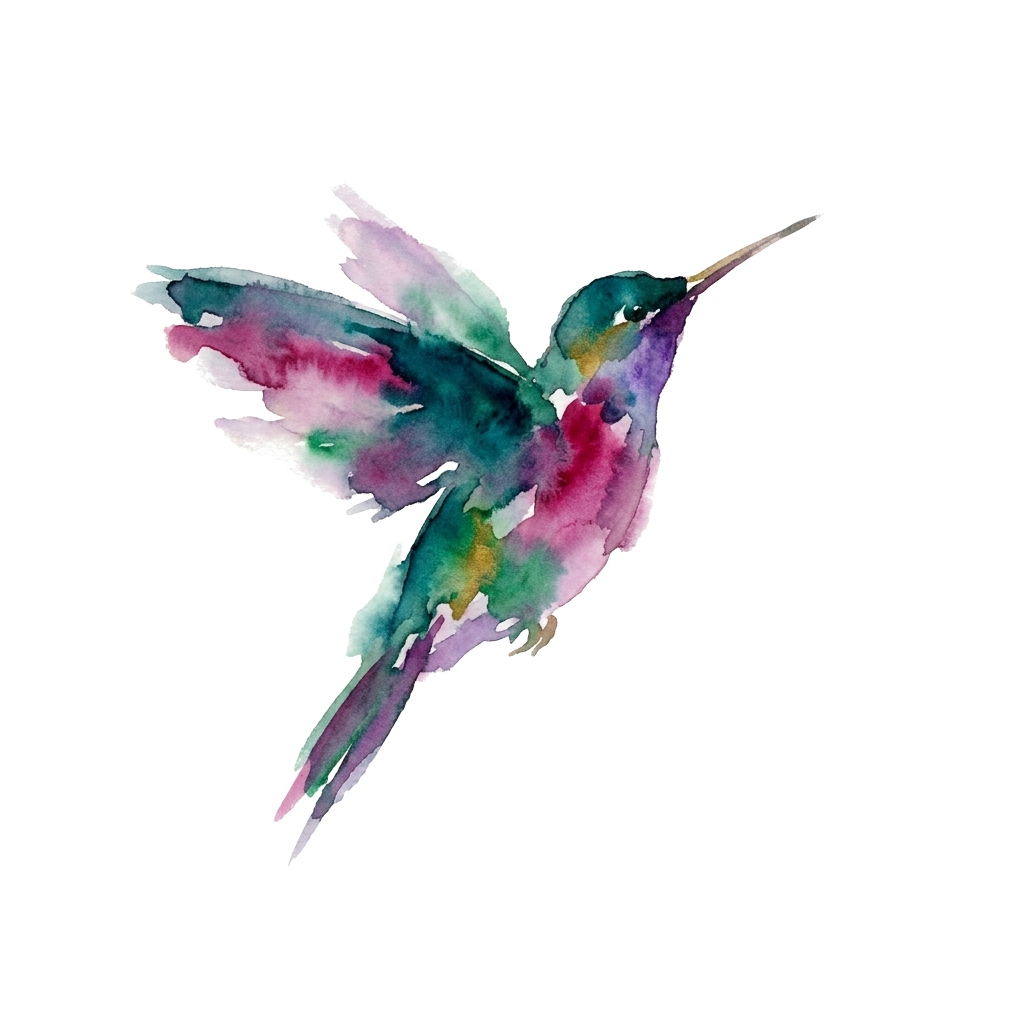 Custom sticker: A hummingbird in loose watercolor, a few bold color washes with soft edges and minimal detail, in jew...