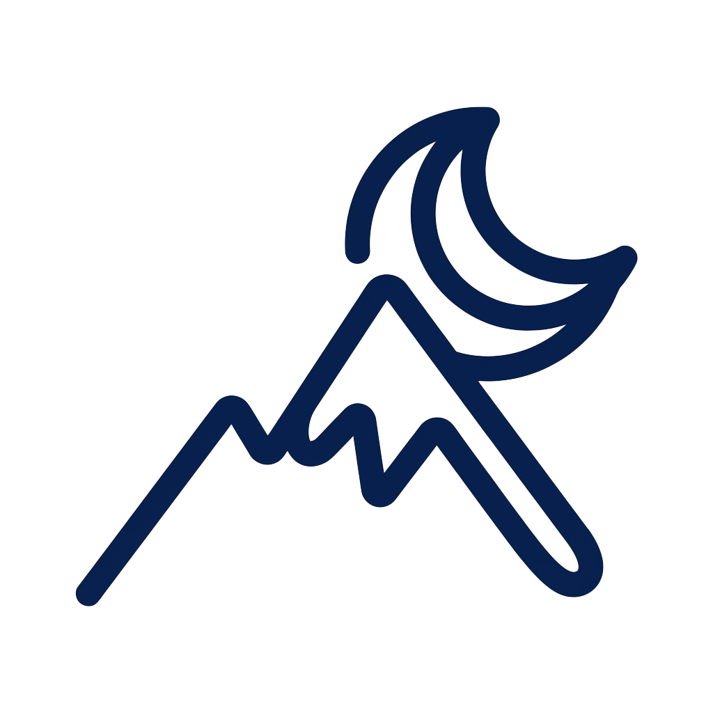 Custom sticker: A mountain and crescent moon as a single continuous line, one bold unbroken stroke with a thick line ...