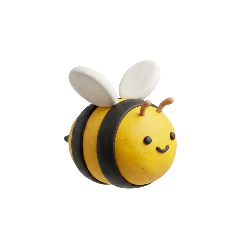 Custom sticker: A cute claymation bumblebee with a rounded clay body and a tiny smile, soft lighting and simple bold ...