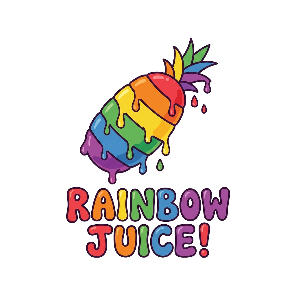 Custom sticker: A single stylized pineapple spear in bright rainbow colors, dripping Kool-Aid, with retro hand-letter...