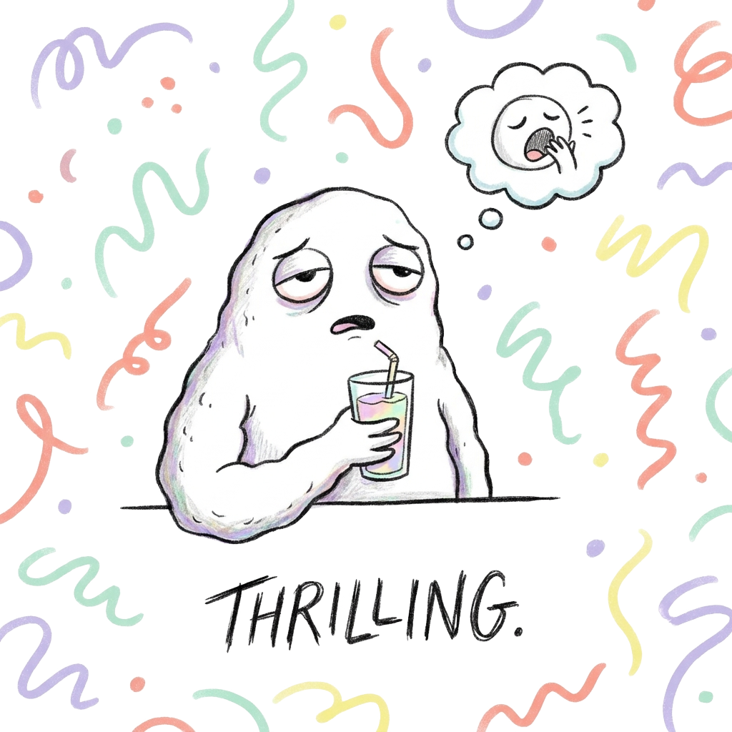 Custom sticker: A small doodle figure looking bored with a pastel smoothie, set against a subtle backdrop with a sarc...