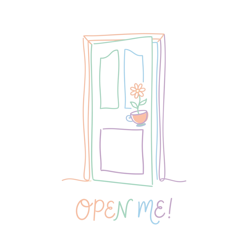 Custom sticker: A minimal line drawing of a door with a playful mismatched object, featuring soft pastel colors and w...