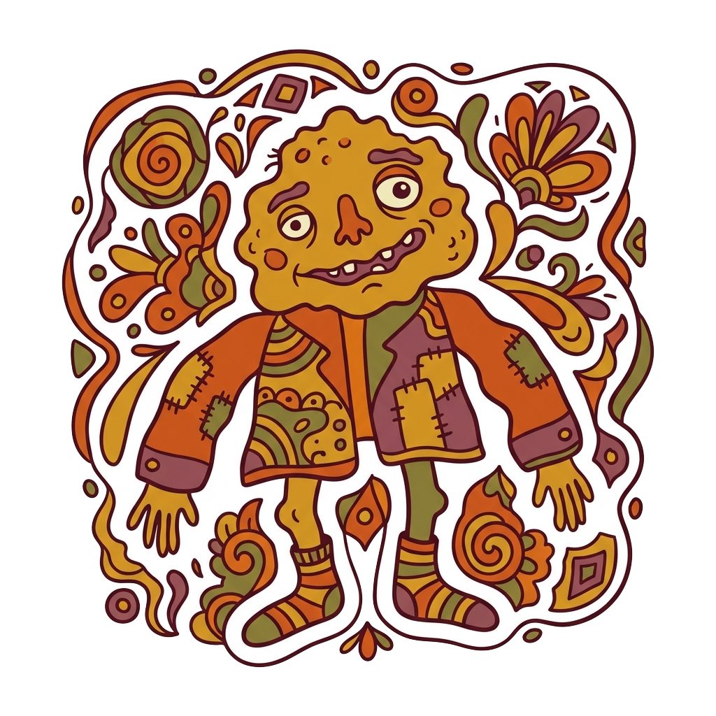 Custom sticker: A charmingly distorted character with a quirky smile, in a warm color palette, exuding a playful and ...