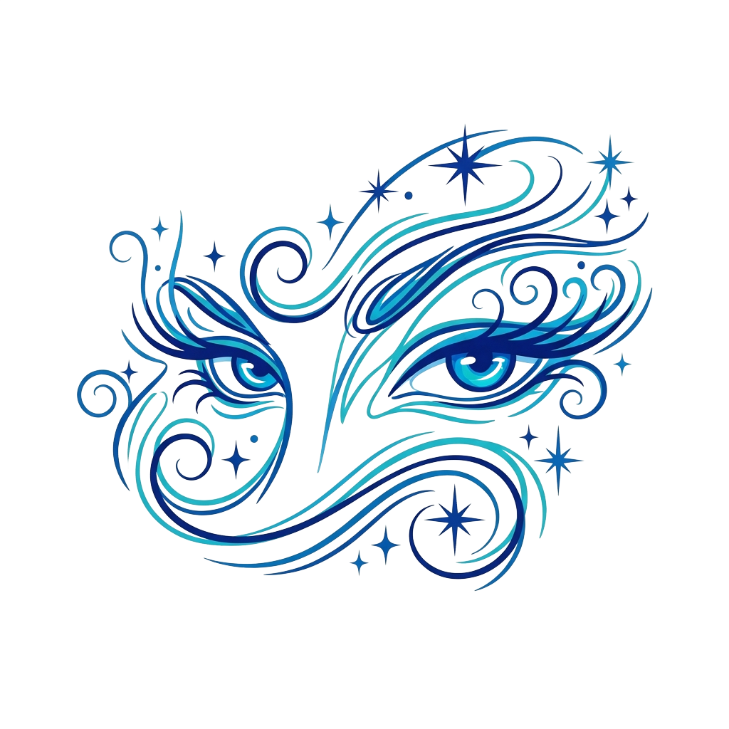Custom sticker: A minimalistic line-drawn representation of intense blue eyes, with sparkles and swirls, emphasizing ...