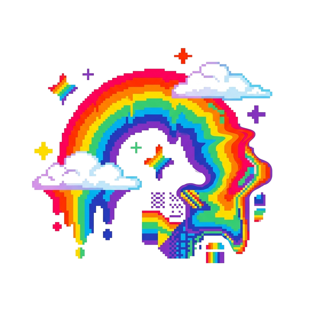 Custom sticker: A surreal pixelated visual with a vibrant rainbow palette, minimalist style, and gentle distortion, c...