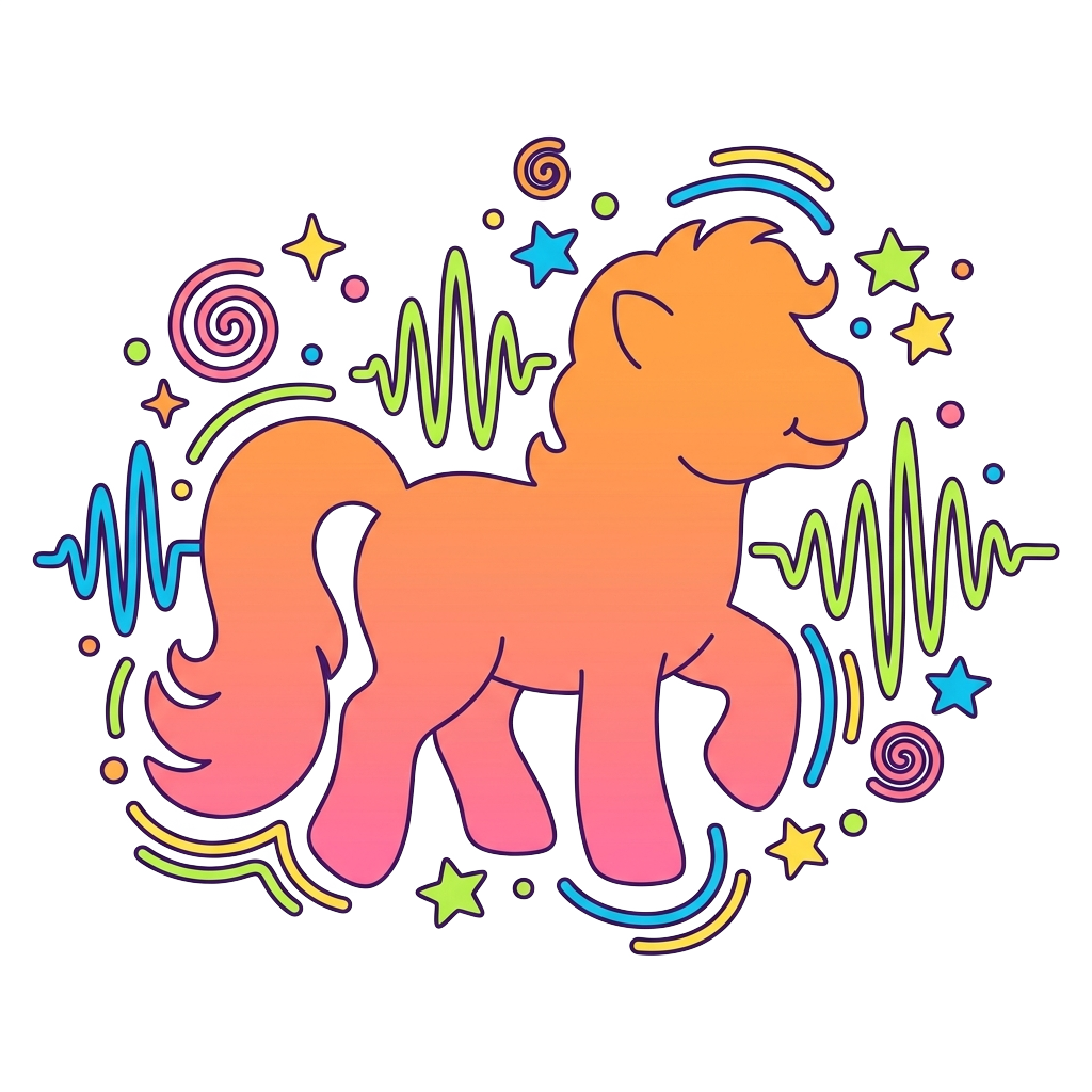 Custom sticker: A retro cartoon pony silhouette with soft lines and vibrant soundwave doodles in a nostalgic, fun aes...