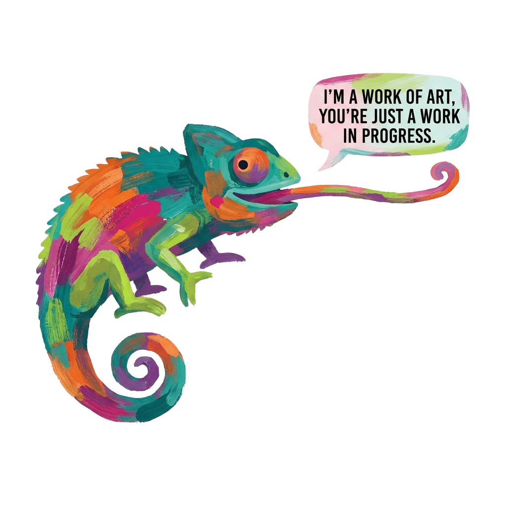 Custom sticker: A quirky chameleon with contrasting paint stroke patterns and a tongue-in-cheek speech bubble, embody...