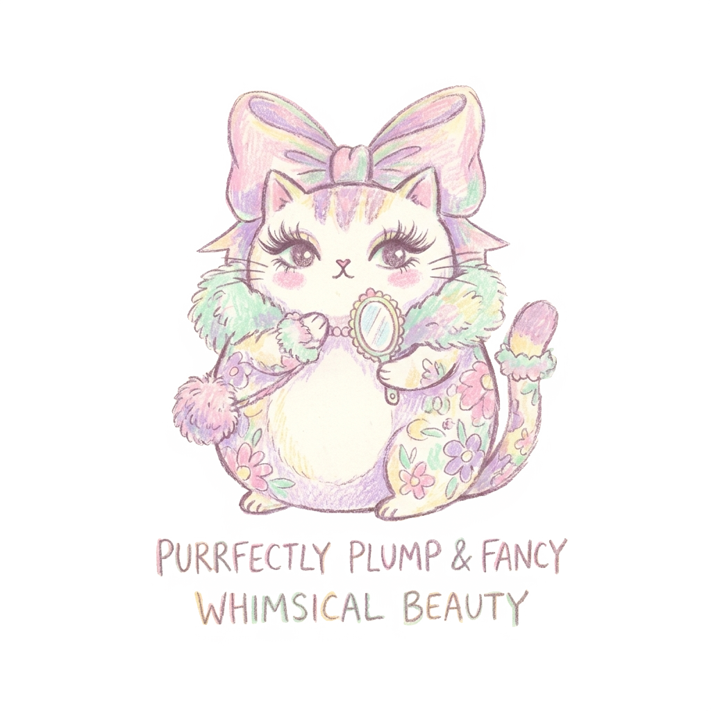 Custom sticker: A whimsical chubby cat illustrating exaggerated beauty features in a dry, handmade style, pastel colo...