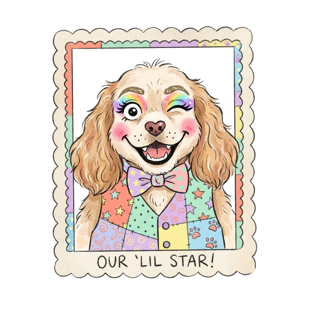 Custom sticker: A cute pet with exaggerated makeup, bright colors, whimsical patterns, soft pastels and playful expre...