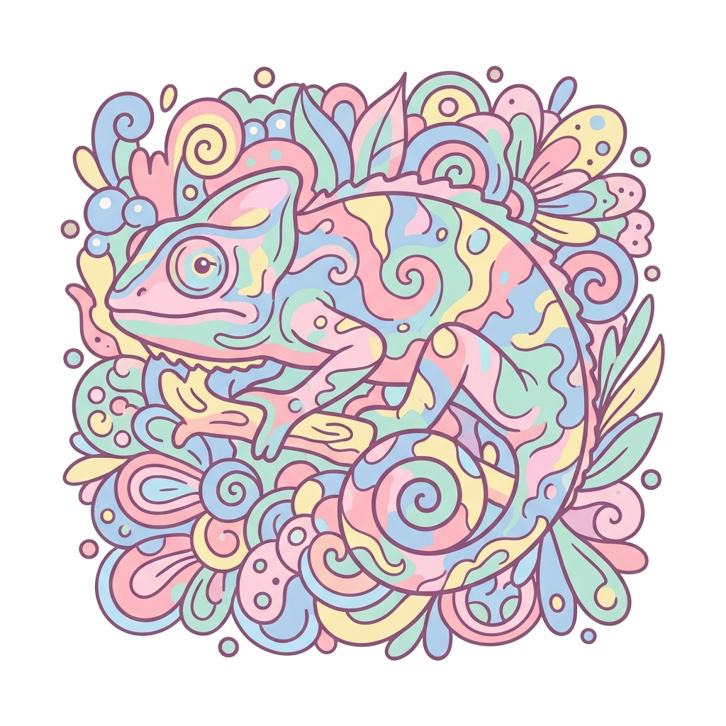 Custom sticker: A whimsical pastel chameleon blending into a colorful background, featuring thick playful linework an...