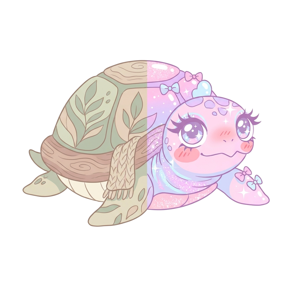 Custom sticker: A playful turtle half-dressed in natural tones and half in exaggerated beauty filter styles, done in ...