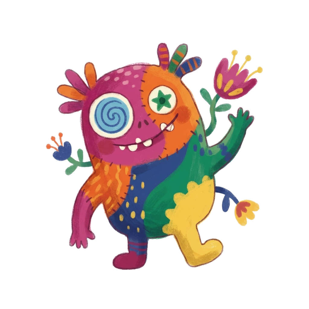 Custom sticker: A charming, quirky creature with mismatched eyes and an uneven grin, vibrant colors, soft lines, whim...