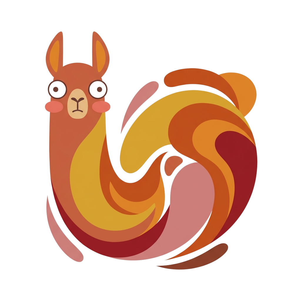 Custom sticker: A deadpan cartoon llama transforming with over-blushed cheeks and wide eyes, warm colors, minimalist ...
