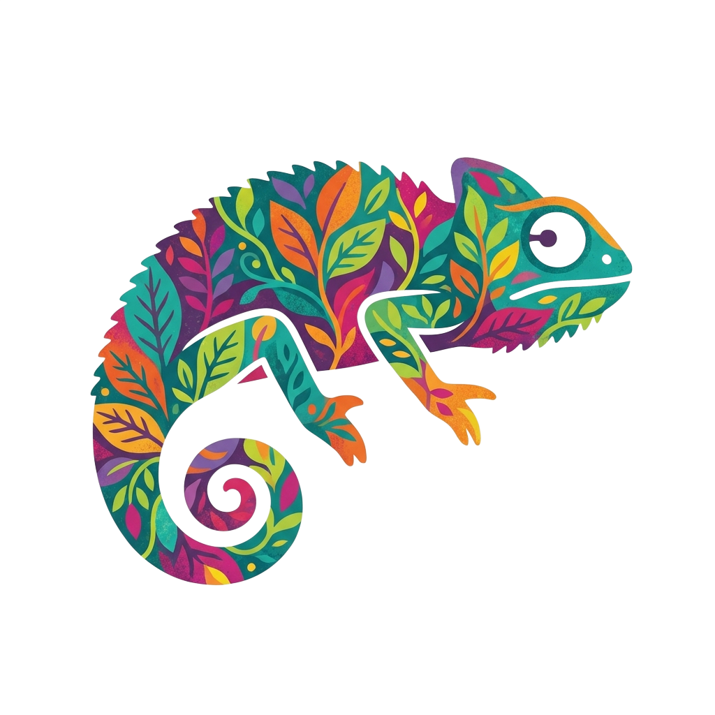 Custom sticker: A minimalist silhouette of a chameleon mid-blend into a vibrant leaf pattern, playful, whimsical styl...