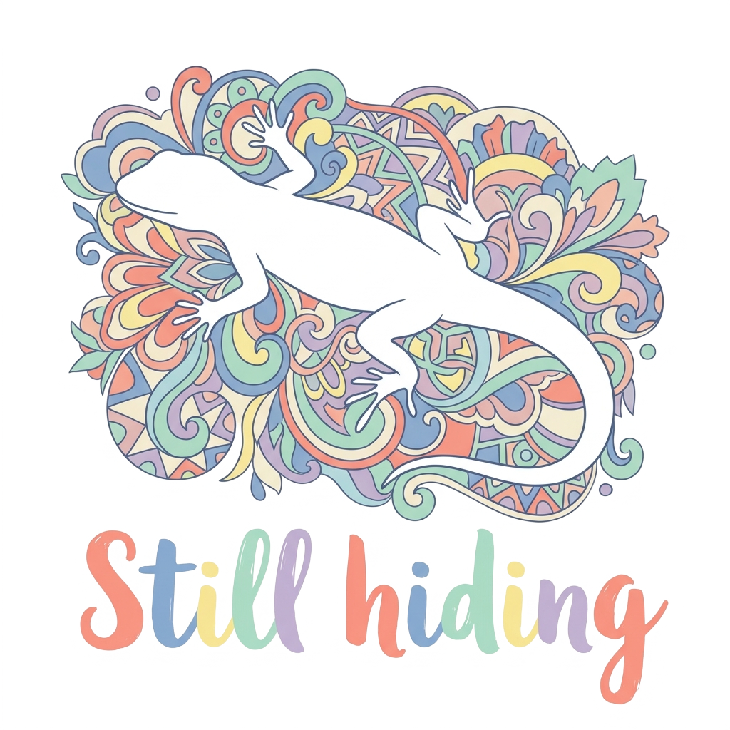 Custom sticker: A line-art lizard blending into a colorful pattern mash-up with soft pastel colors, with the words 'S...