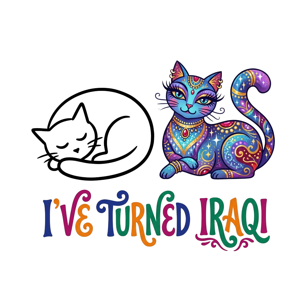 Custom sticker: A sleepy cat in simple line art with a glam version beside it, with the words 'I’ve turned Iraqi' han...