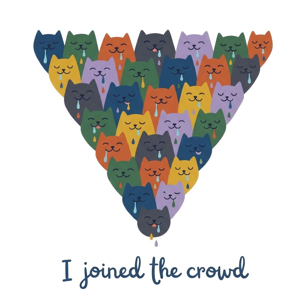 Custom sticker: A triangular crowd of minimalist cat faces mid-drool, styled with soft lines and a playful vibe, capt...