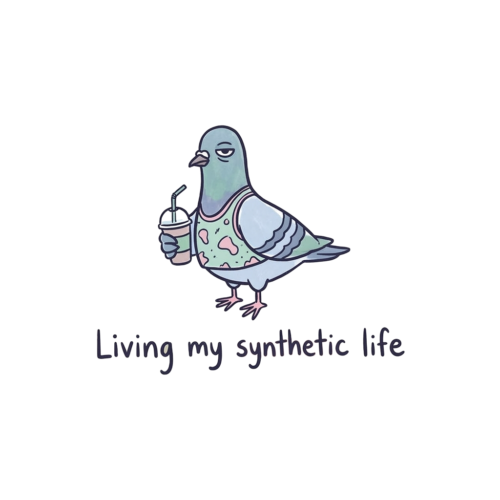 Custom sticker: A deadpan line drawing of a pigeon in a tiny tank top, holding a smoothie, against a simple pastel ba...