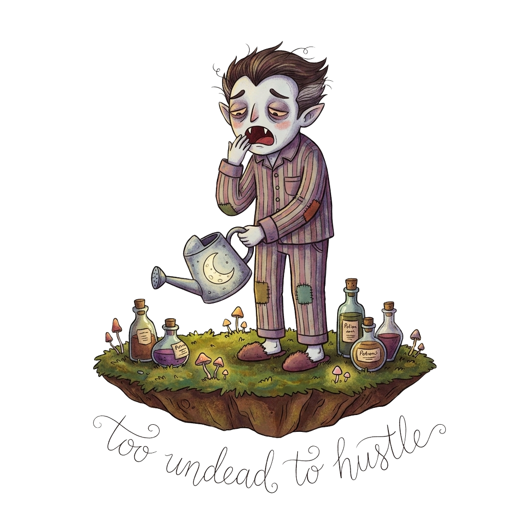 Custom sticker: A sleepy vampire character holding a watering can with tiny mushrooms and potion bottles around, with...