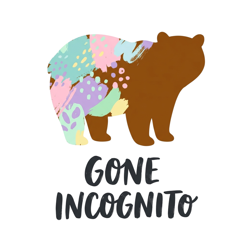 Custom sticker: A minimalistic chubby silhouette partly splashed in pastel paint patterns, with the words "gone incog...