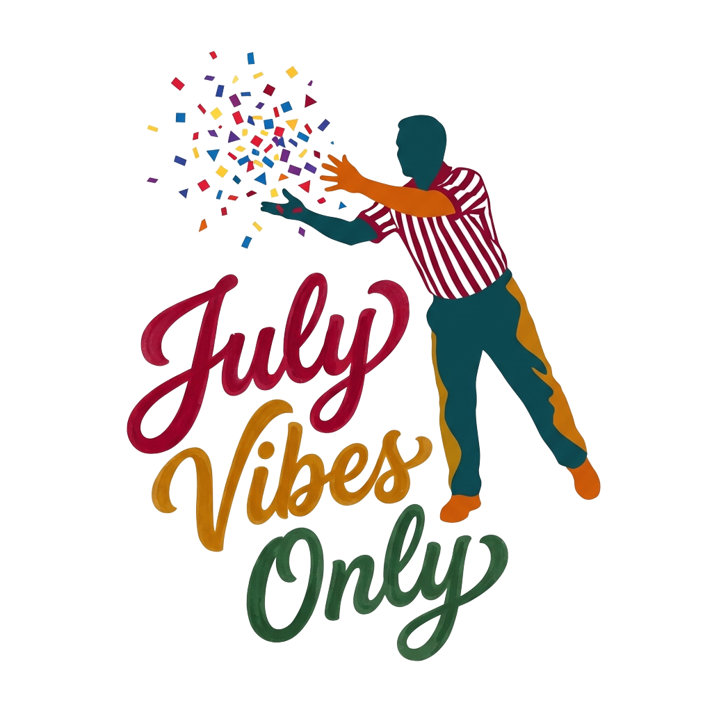 Custom sticker: A flat silhouette of Julio tossing confetti and wearing a referee shirt, with the words "July Vibes O...