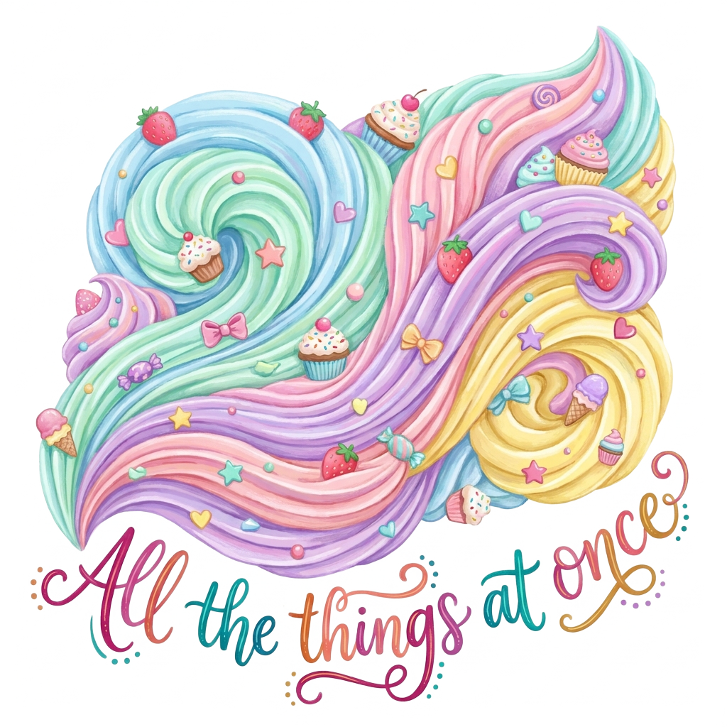 Custom sticker: A swirling composition of pastel decoden whipped topping with mini charms like strawberries and cupca...